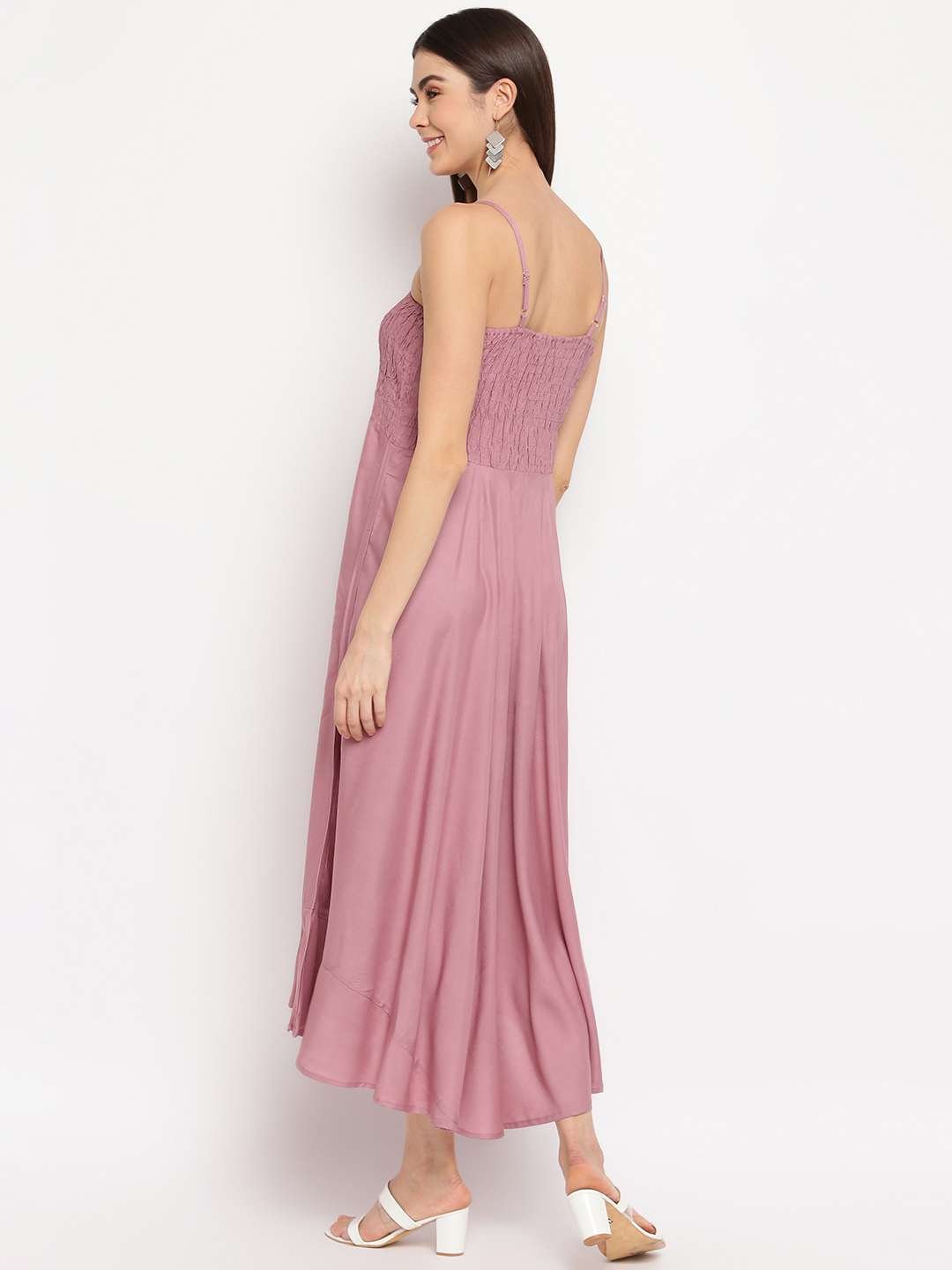 Women's Viscose Rayon Solid Shoulder Straps Sleeveless Flared Gown Drees (MAUVE) - Image 4